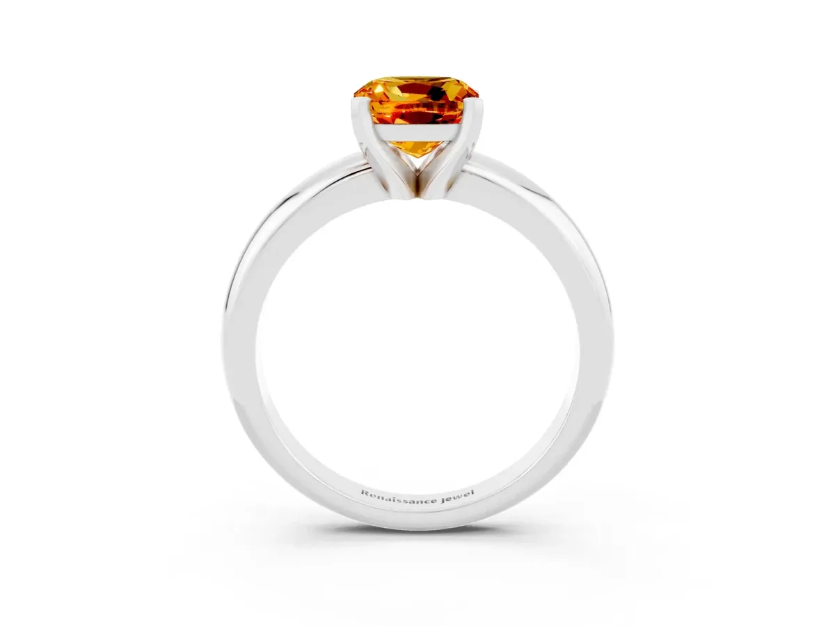 Cushion Cut Citrine Solitaire Engagement Ring with Round Band and Four-Prong Setting White gold