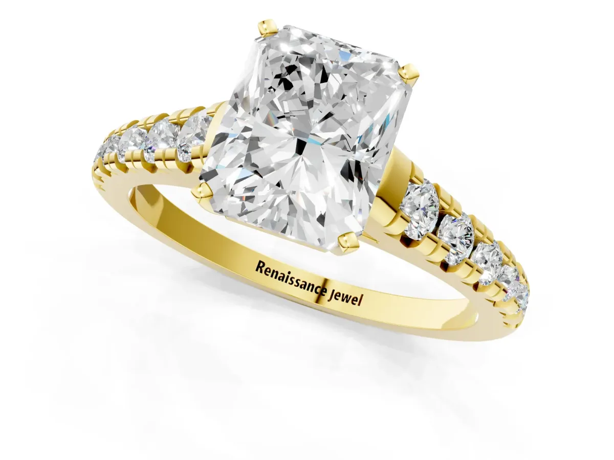 Radiant Cut Diamond Cathedral Solitaire Ring with Round Moissanite Pavé Band Yellow gold