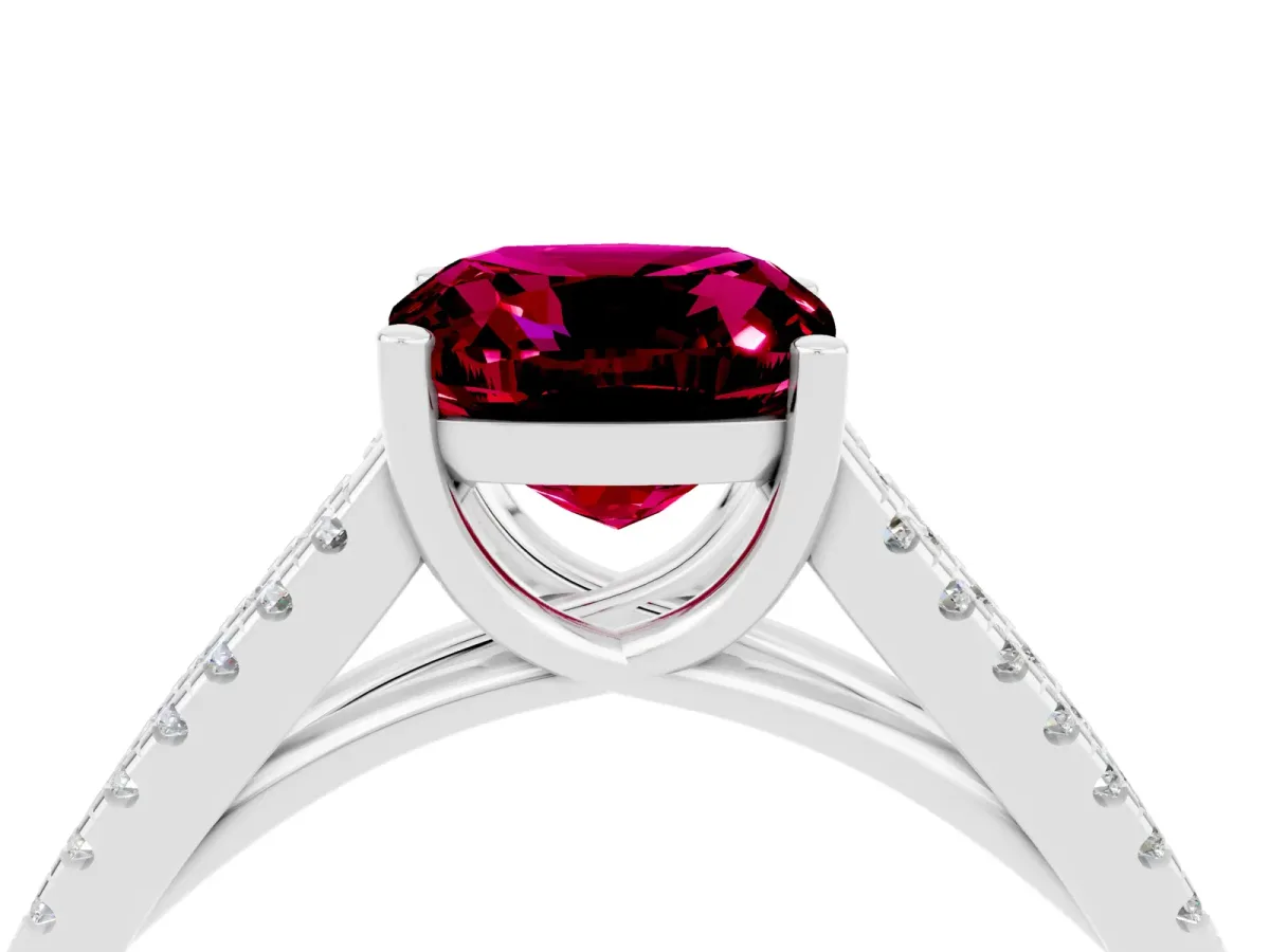 Cushion Cut Garnet Solitaire Engagement Ring with Split Shank Pavé Band Silver
