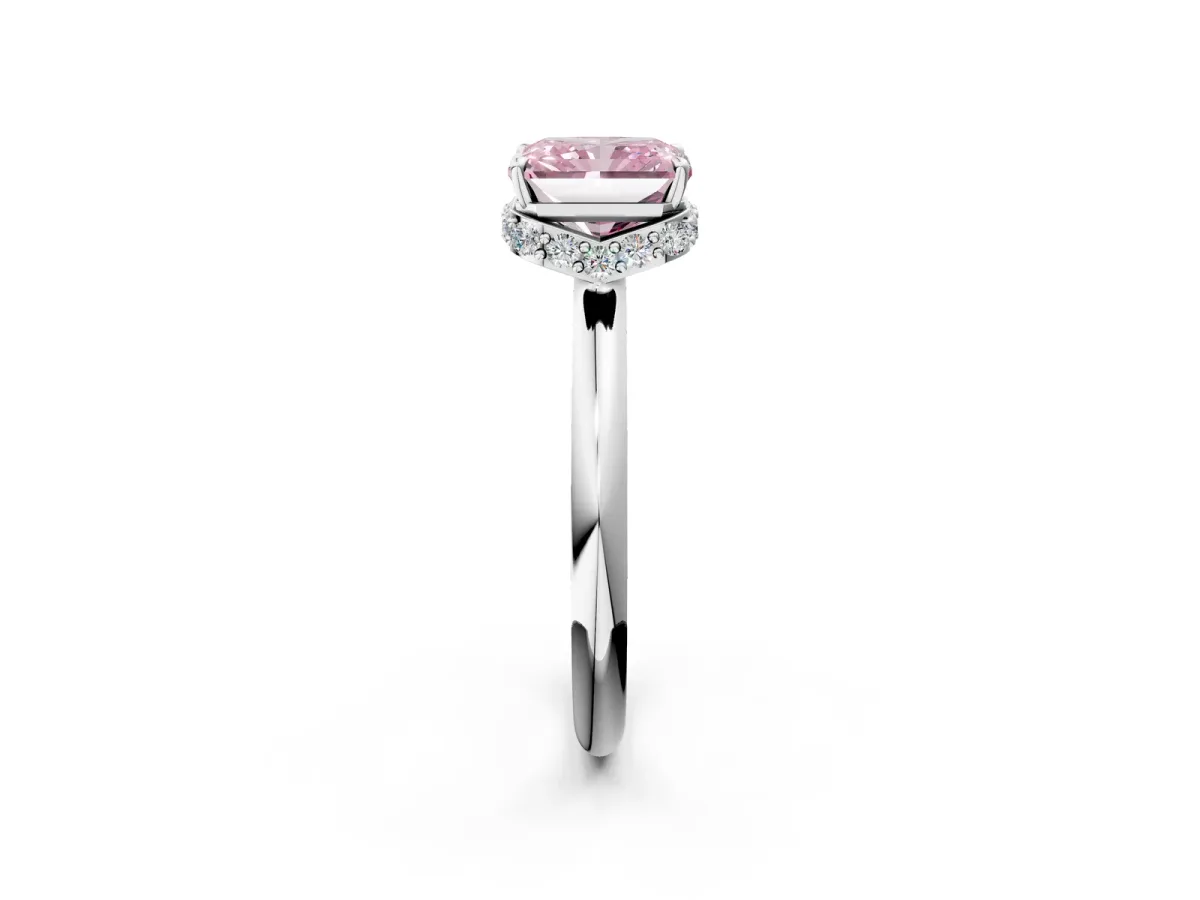 Fancy Pink Radiant Cut Brilliant Solitaire Engagement Ring with Six-Prong Setting and Classic Band Platinum