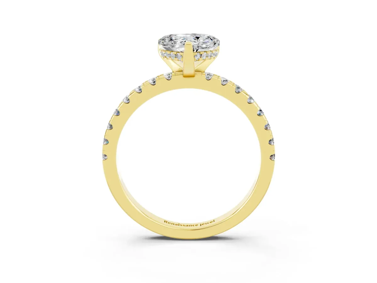 Heart Cut Moissanite Solitaire Ring with Round Pavé Band and Four-Prong Setting Yellow gold