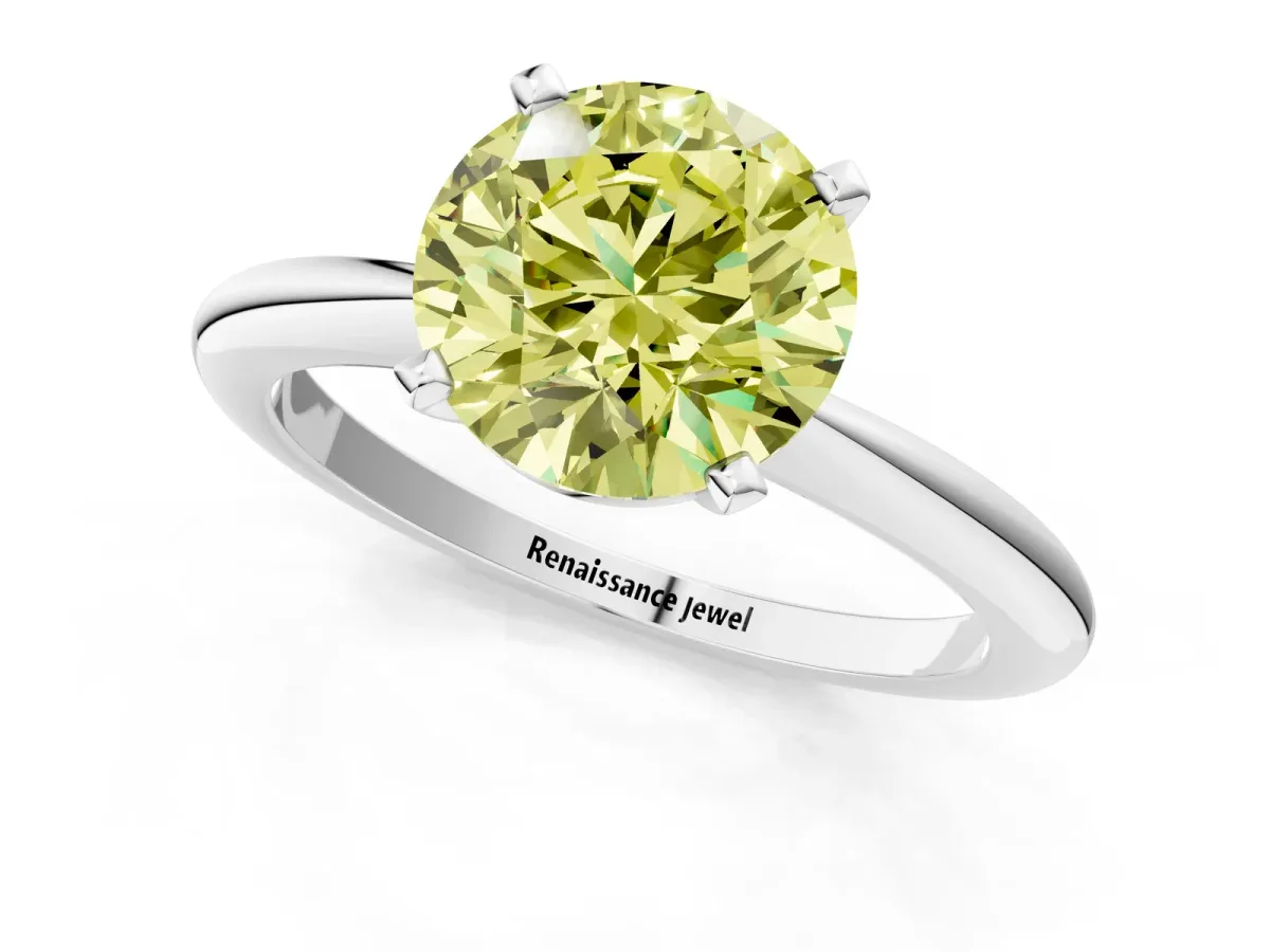Fancy Yellow Round Cut Diamond Solitaire Ring with Six-Prong Setting and Classic Band Silver