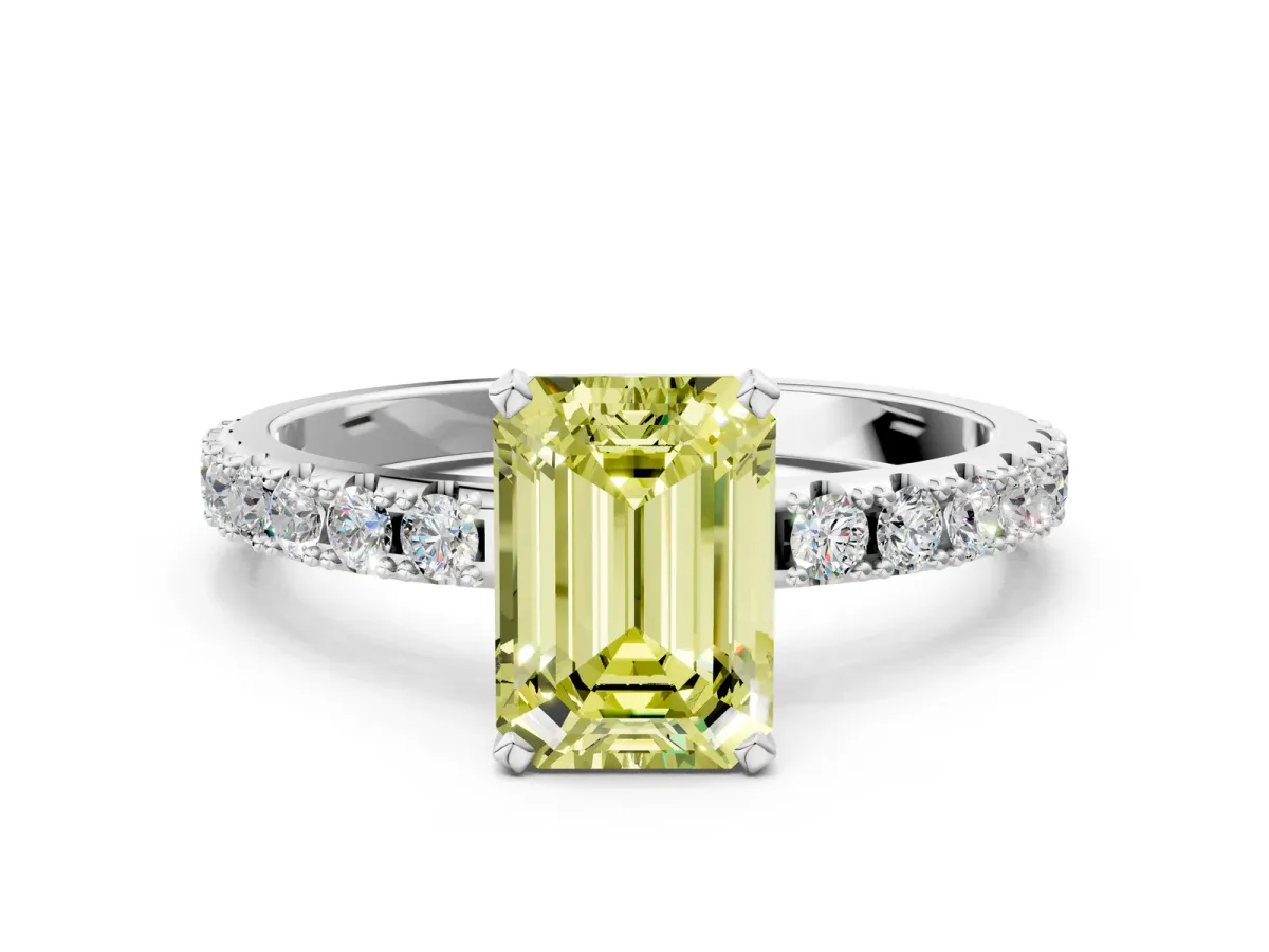 Fancy Yellow Emerald Cut Diamond Solitaire Pavé Band with Four-Prong Setting Platinum