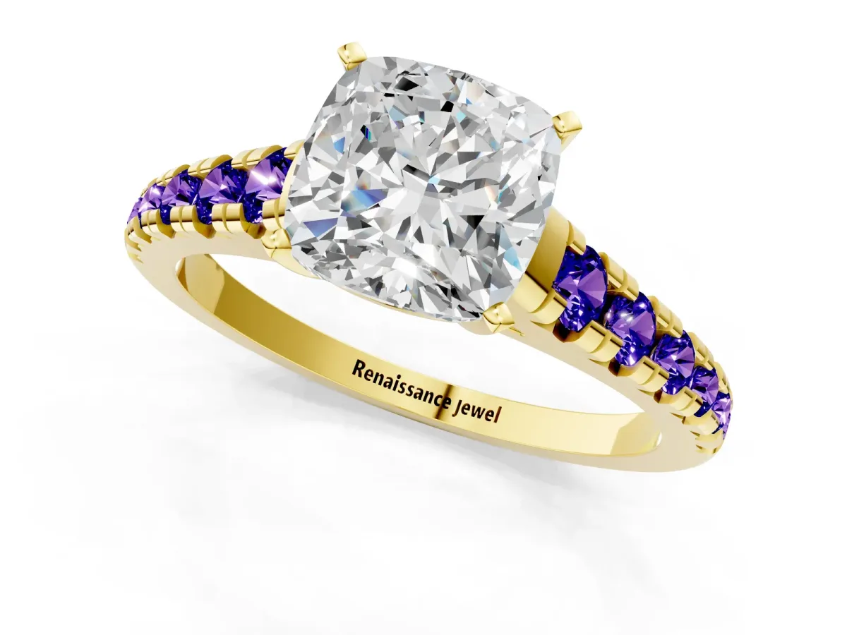 Cushion Cut Diamond Cathedral Solitaire Ring with Round Tanzanite Pavé Band Yellow gold