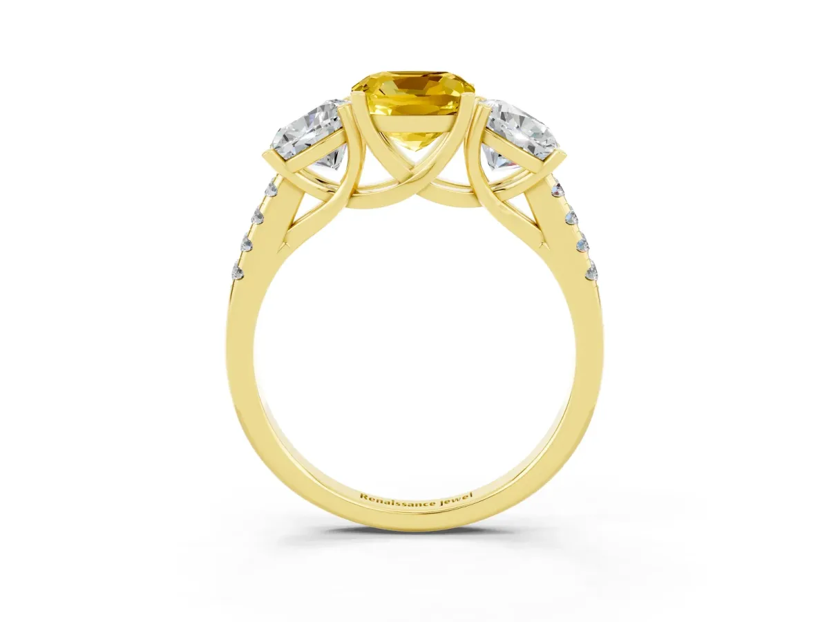 Three-Stone Cushion Cut Yellow Sapphire Ring with Round Pavé Band and Prong Setting Yellow gold