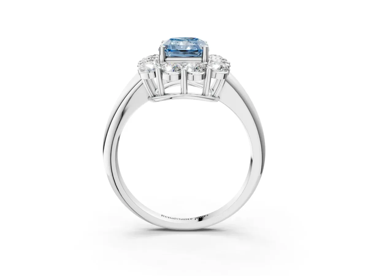 Fancy Blue Radiant Cut Halo Cluster Diamond Engagement Ring with Prong Setting and Polished Band Platinum