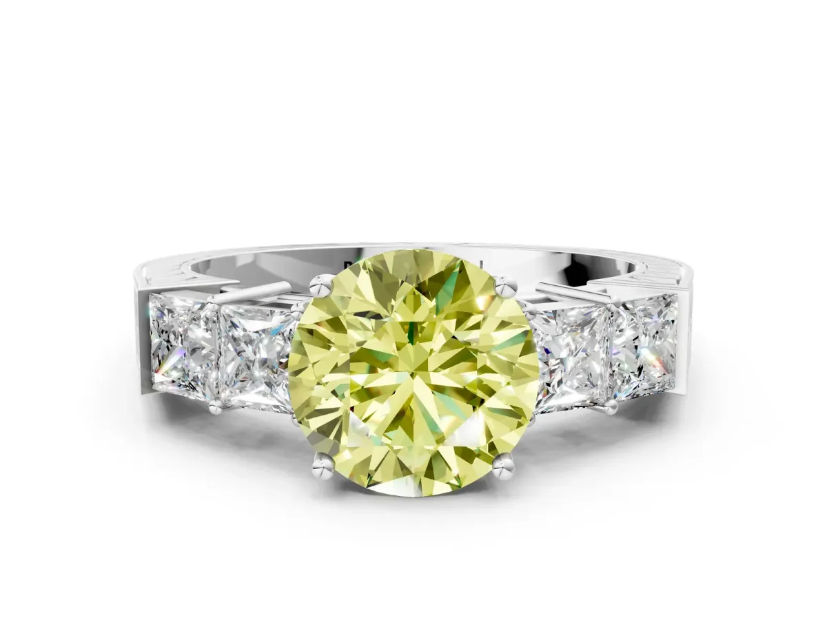 Fancy Yellow Round Cut Solitaire Princess Side Stone Engraved Band Prong Setting Ring Silver