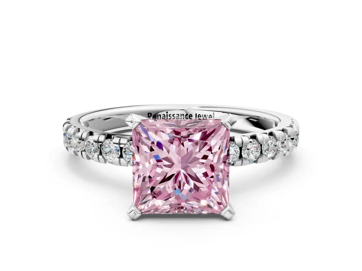 Fancy Pink Princess Cut Diamond Solitaire Pavé Engagement Ring with Round Band and Prong Setting White gold