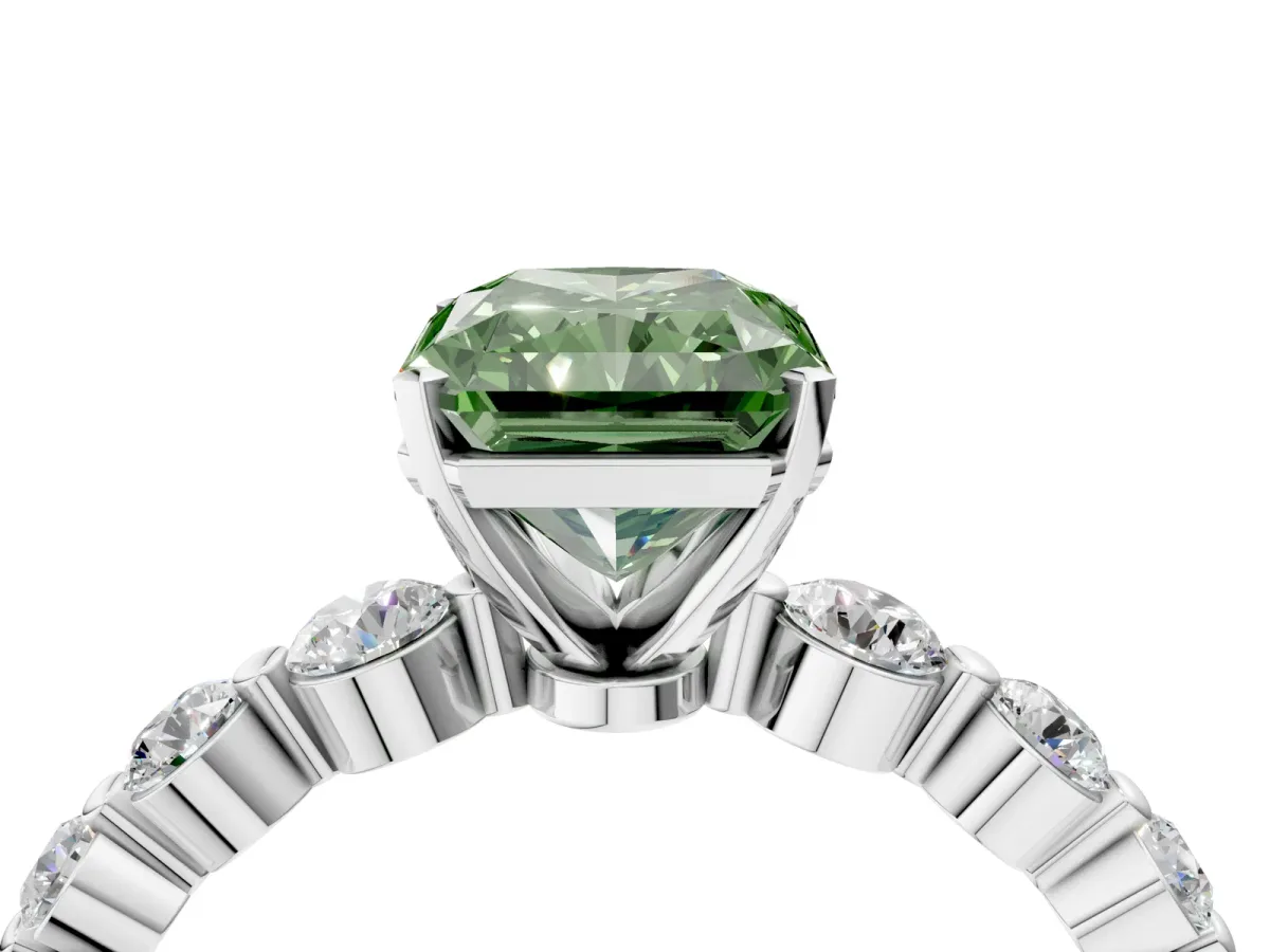 Fancy Green Radiant Cut Solitaire Diamond Ring with Pave Band and Four-Prong Setting Silver
