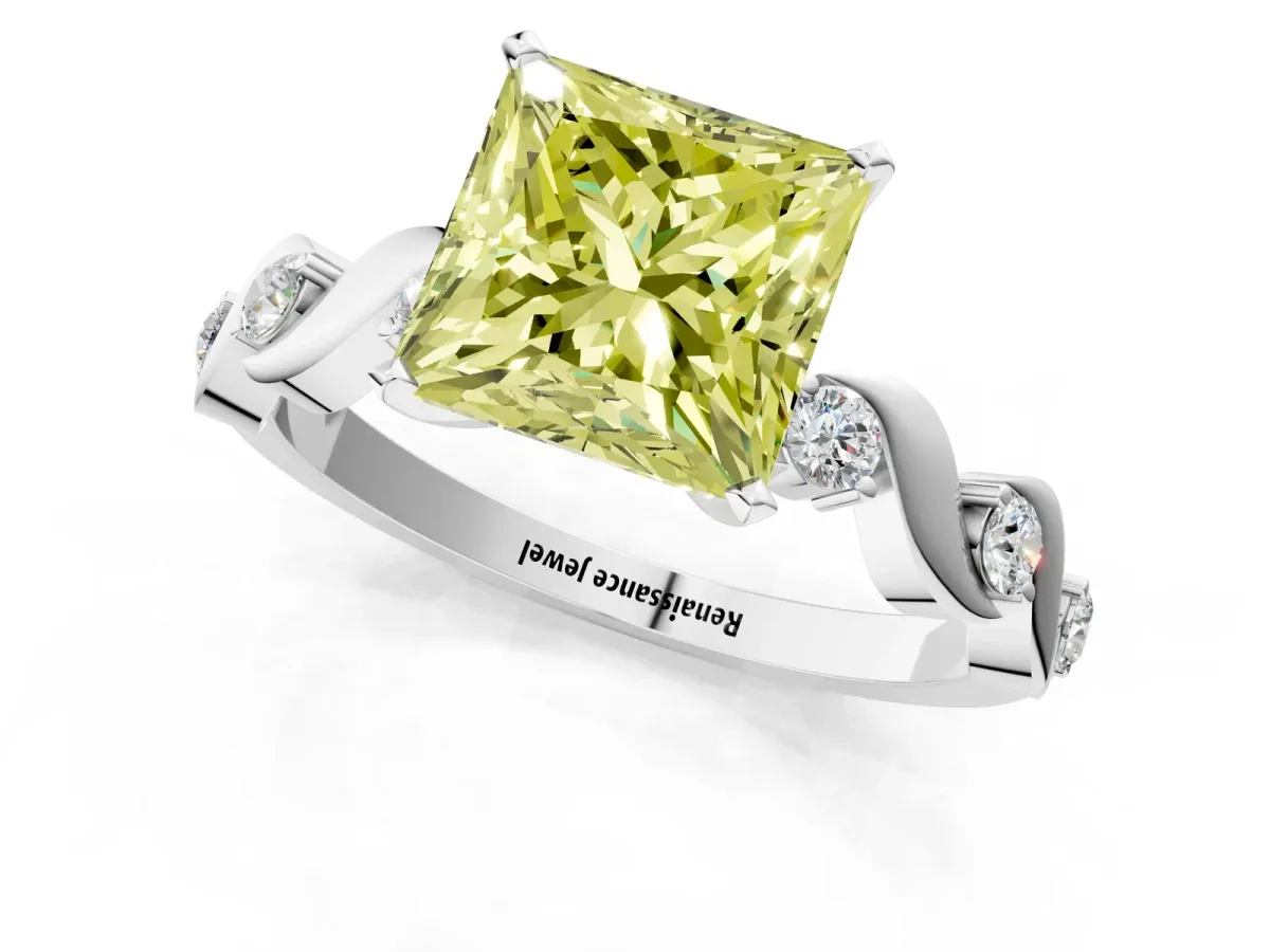 Fancy Yellow Princess Cut Diamond Solitaire Twisted Band with Round Accents and Prong Setting Platinum