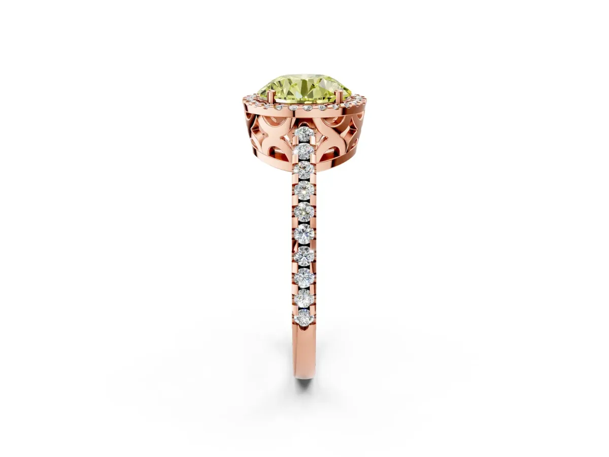 Fancy Yellow Round Cut Diamond Halo Engagement Ring with Pavé Band and Prong Setting Rose gold