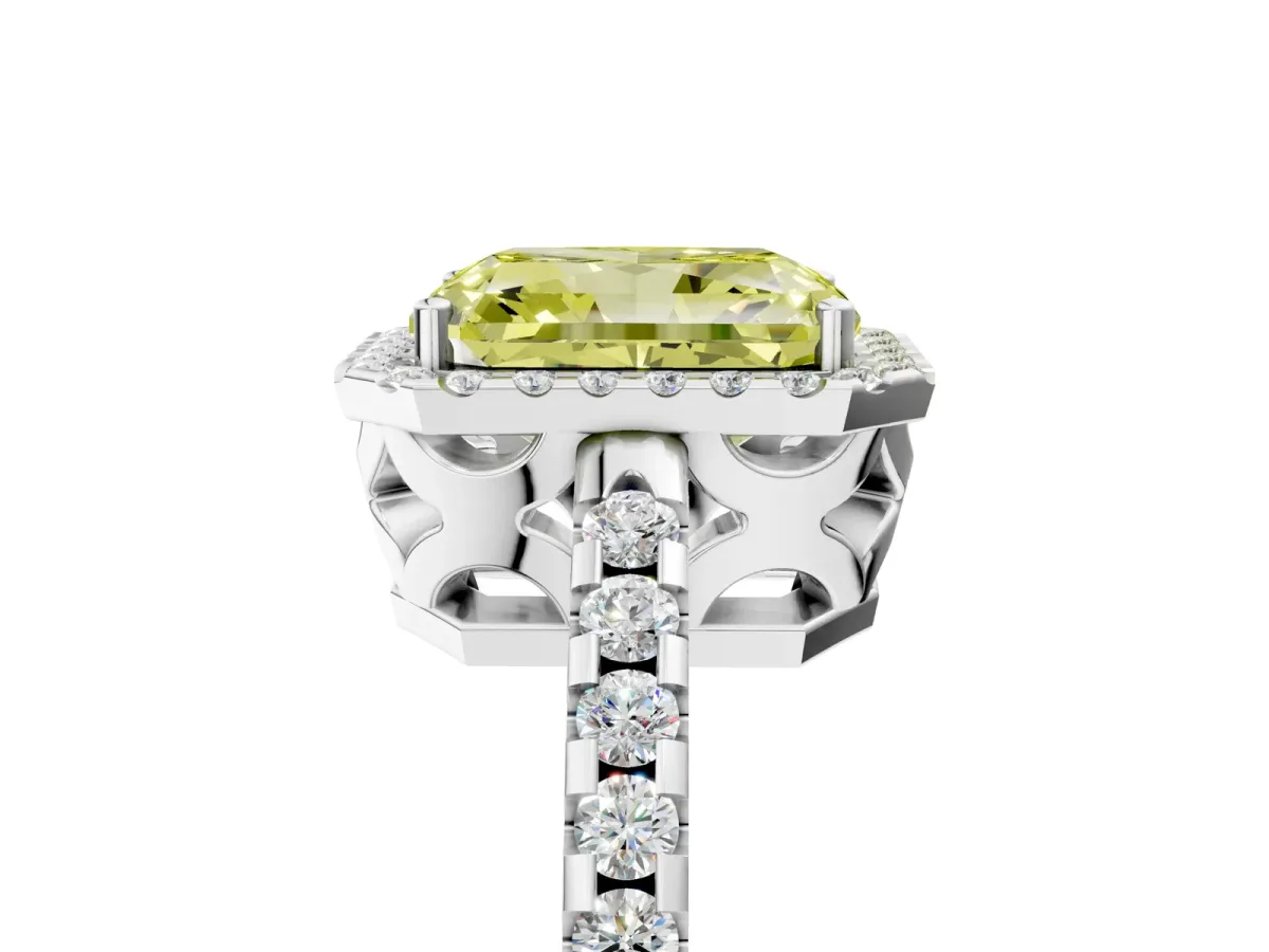 Fancy Yellow Radiant Cut Diamond Halo Engagement Ring with Pavé Band and Prong Setting Platinum
