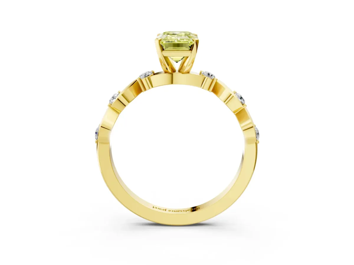 Fancy Yellow Emerald Cut Diamond Solitaire Twisted Band with Round Accents and Prong Setting Yellow gold