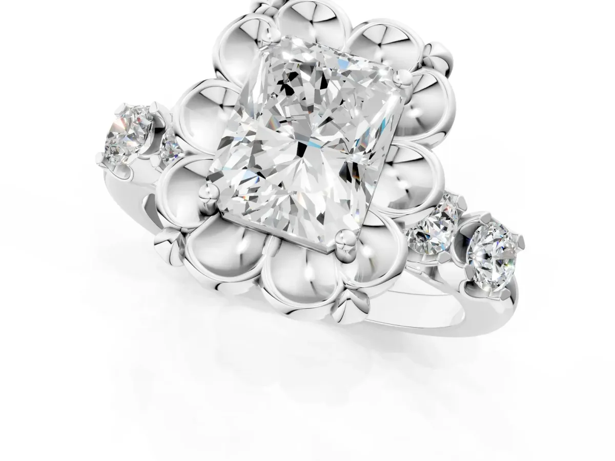 Radiant Cut Cut Diamond Floral Halo Engagement Ring with Shared Prong Setting Silver