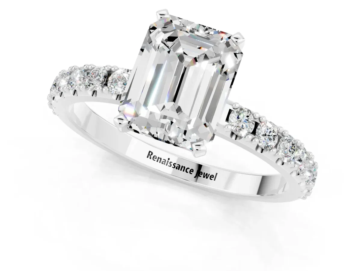 Emerald Cut Moissanite Solitaire Pavé Band with Four-Prong Setting Silver