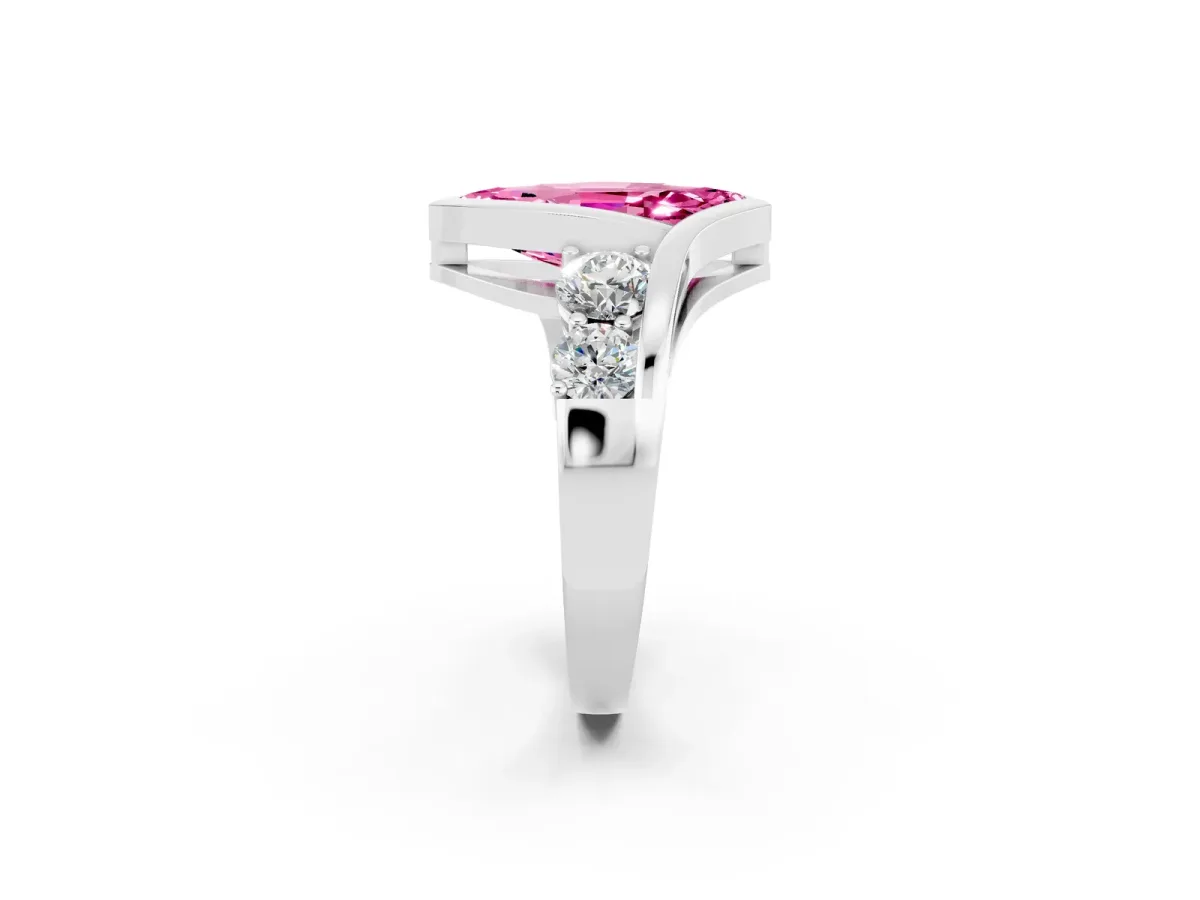 Bezel Set Marquise Cut Pink Sapphire Bypass Ring with Round Accents Silver