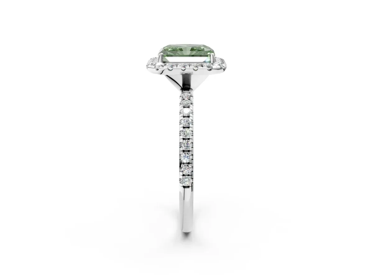Fancy Green Radiant Cut Diamond Halo Engagement Ring with Round Pavé Band and Prong Setting Platinum