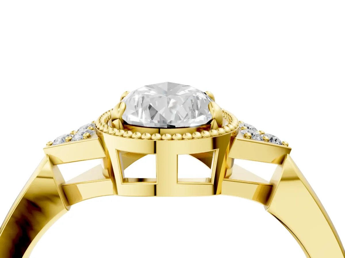 Milgrain Pear Cut Cut Diamond Ring with Tapered Pave Band and Four Prong Setting Yellow gold
