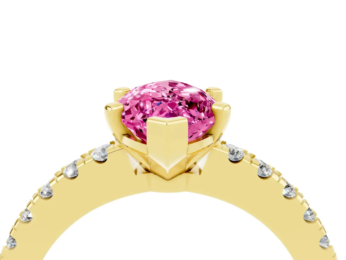 Marquise Cut Solitaire Pink Sapphire with Pavé Band and Four-Prong Setting Yellow gold