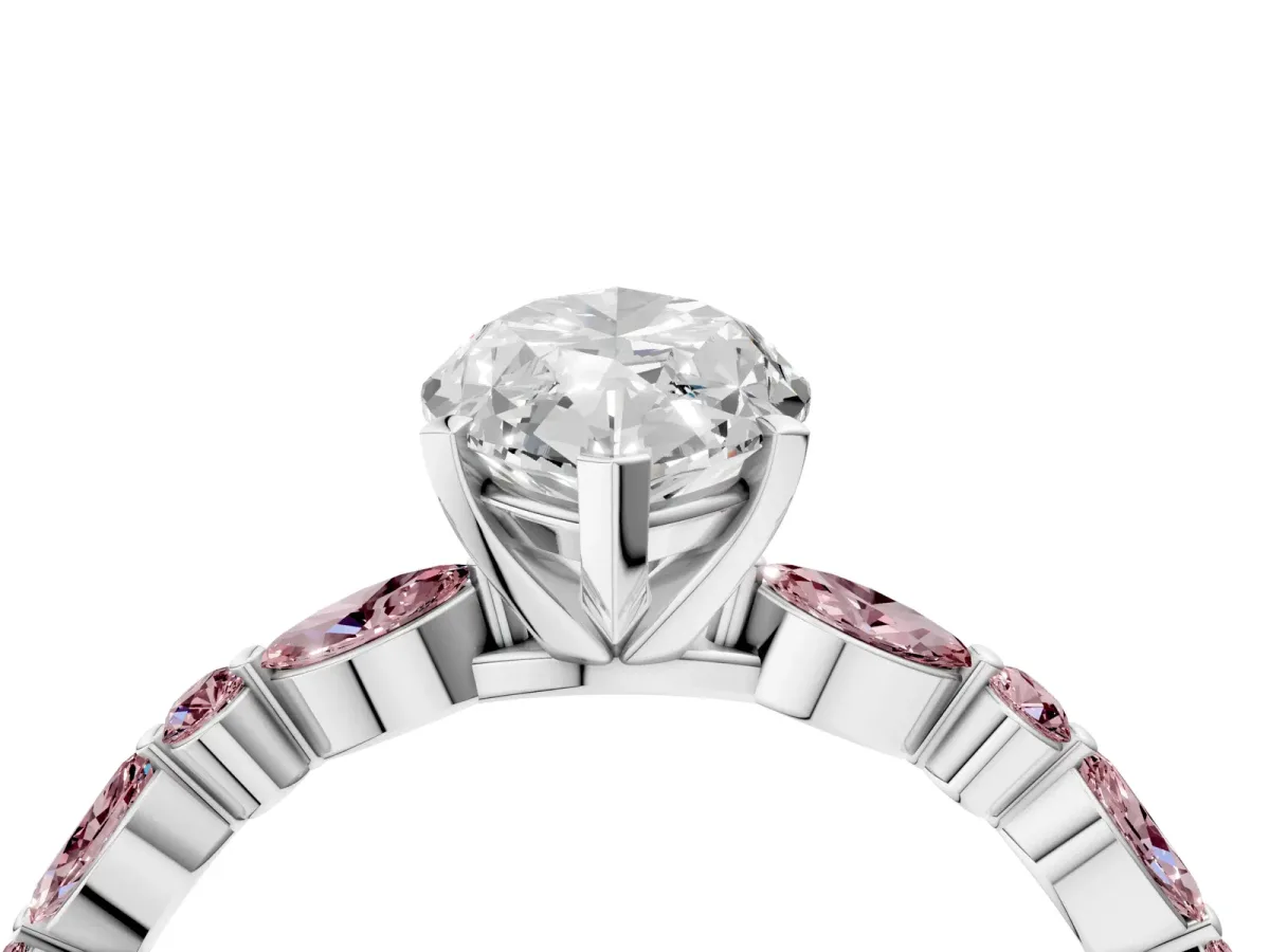 Marquise Cut Diamond Ring with Marquise and Round Morganite Side Stones and Four-Prong Setting White gold