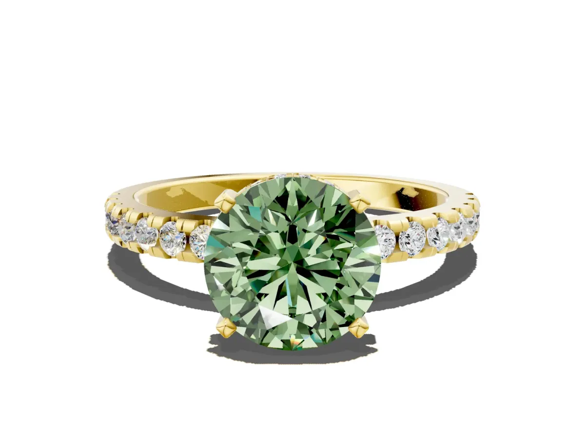 Fancy Green Round Cut Diamond Solitaire Ring with Round Pavé Band and Four-Prong Setting Yellow gold
