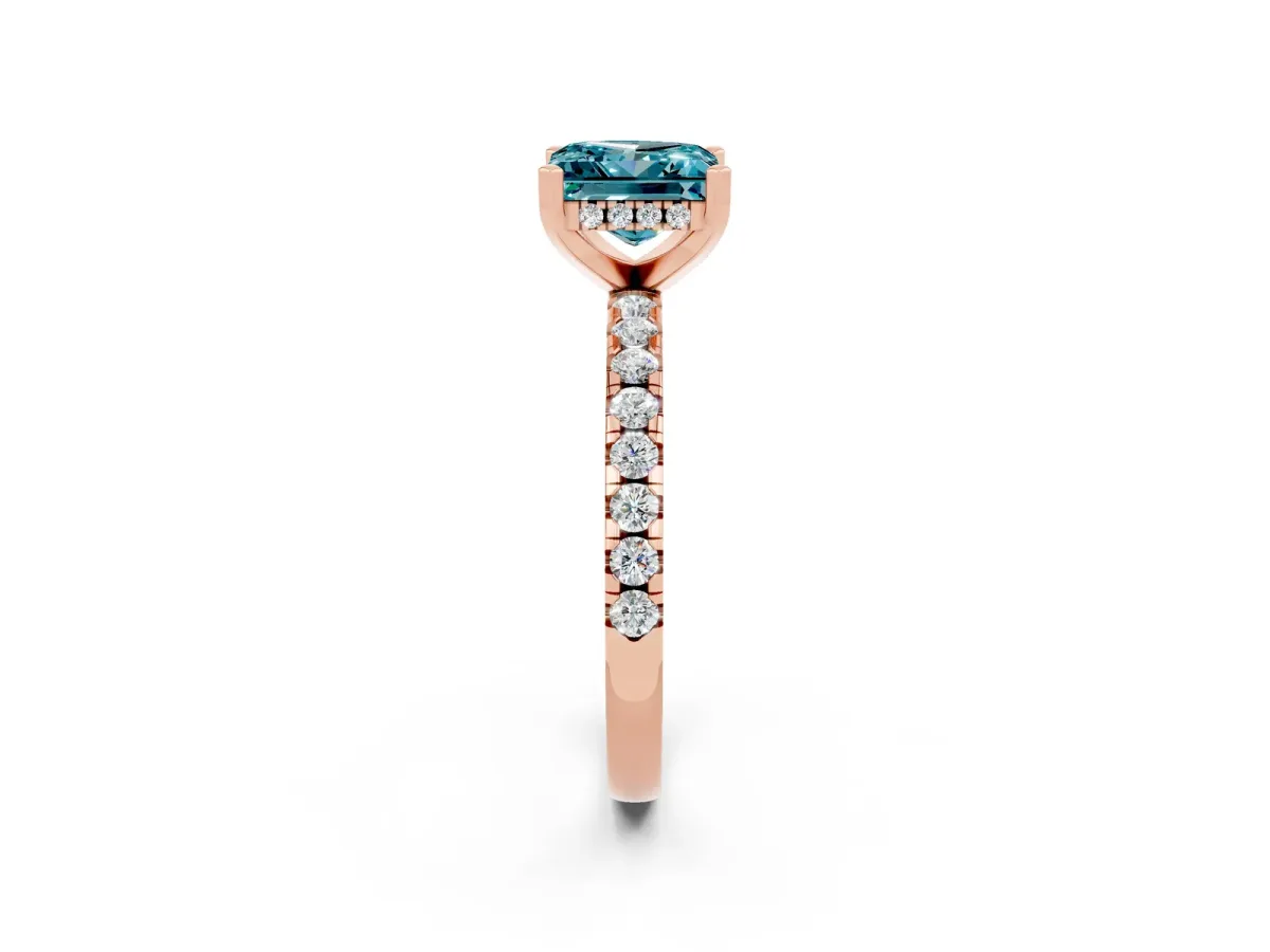 Princess Cut Blue Topaz Solitaire Ring with Round Pavé Band and Four-Prong Setting Rose gold