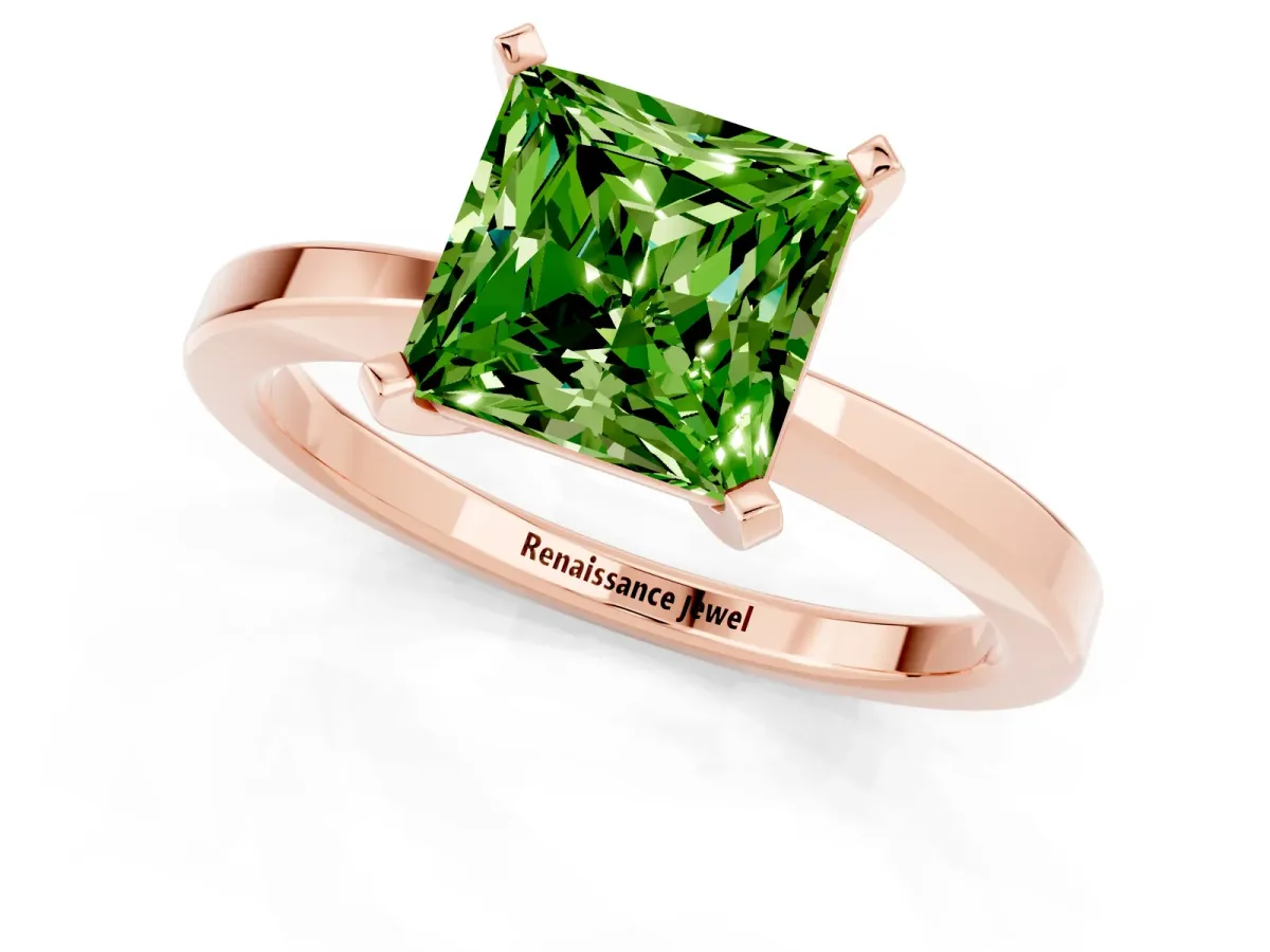 Princess Cut Peridot Solitaire Engagement Ring with Classic Band and Four-Prong Setting Rose gold