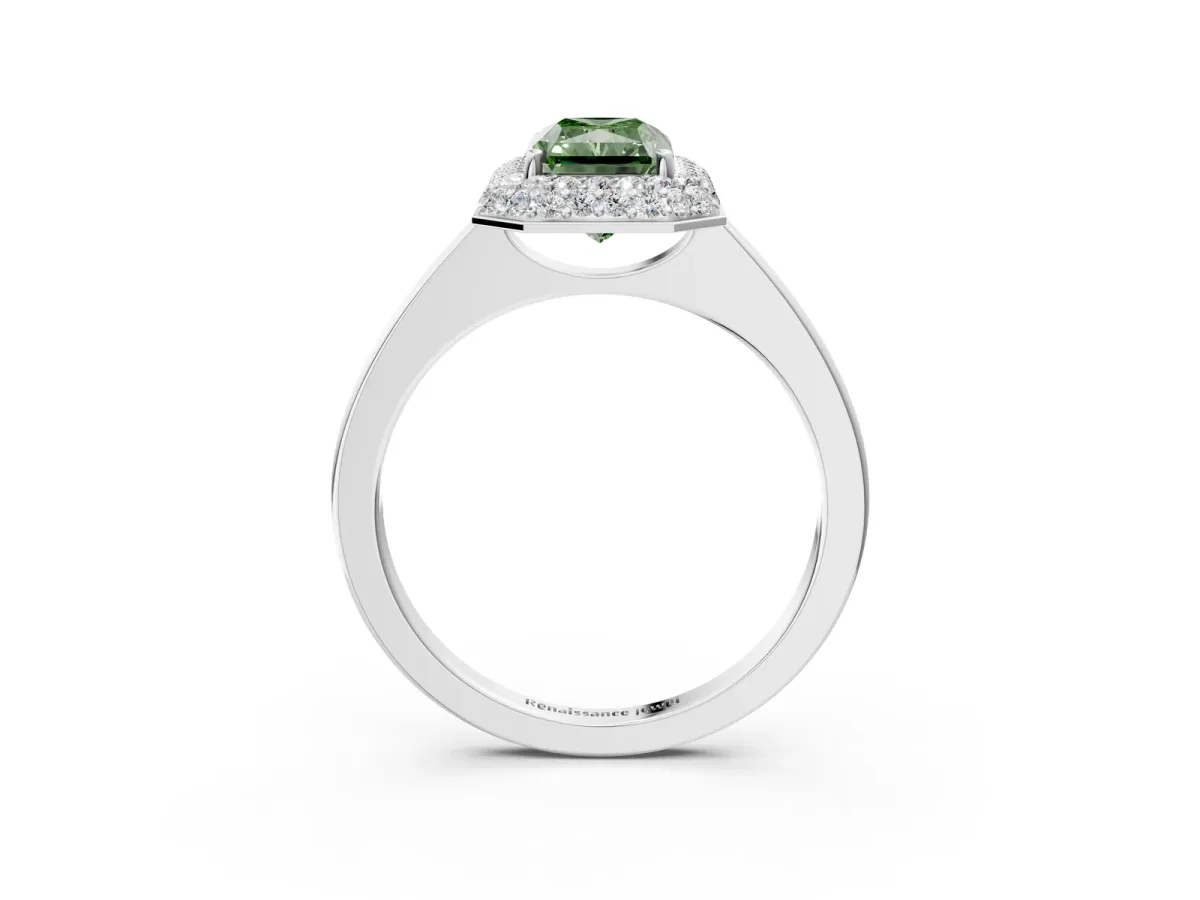 Fancy Green Radiant Cut Halo Diamond Engagement Ring with Solitaire Band and Four-Prong Setting Platinum