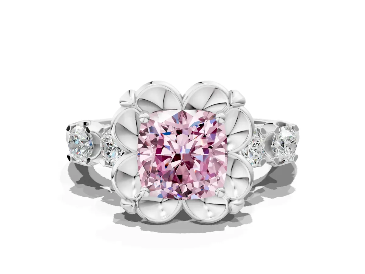 Fancy Pink Cushion Cut Cut Diamond Floral Halo Engagement Ring with Shared Prong Setting Silver