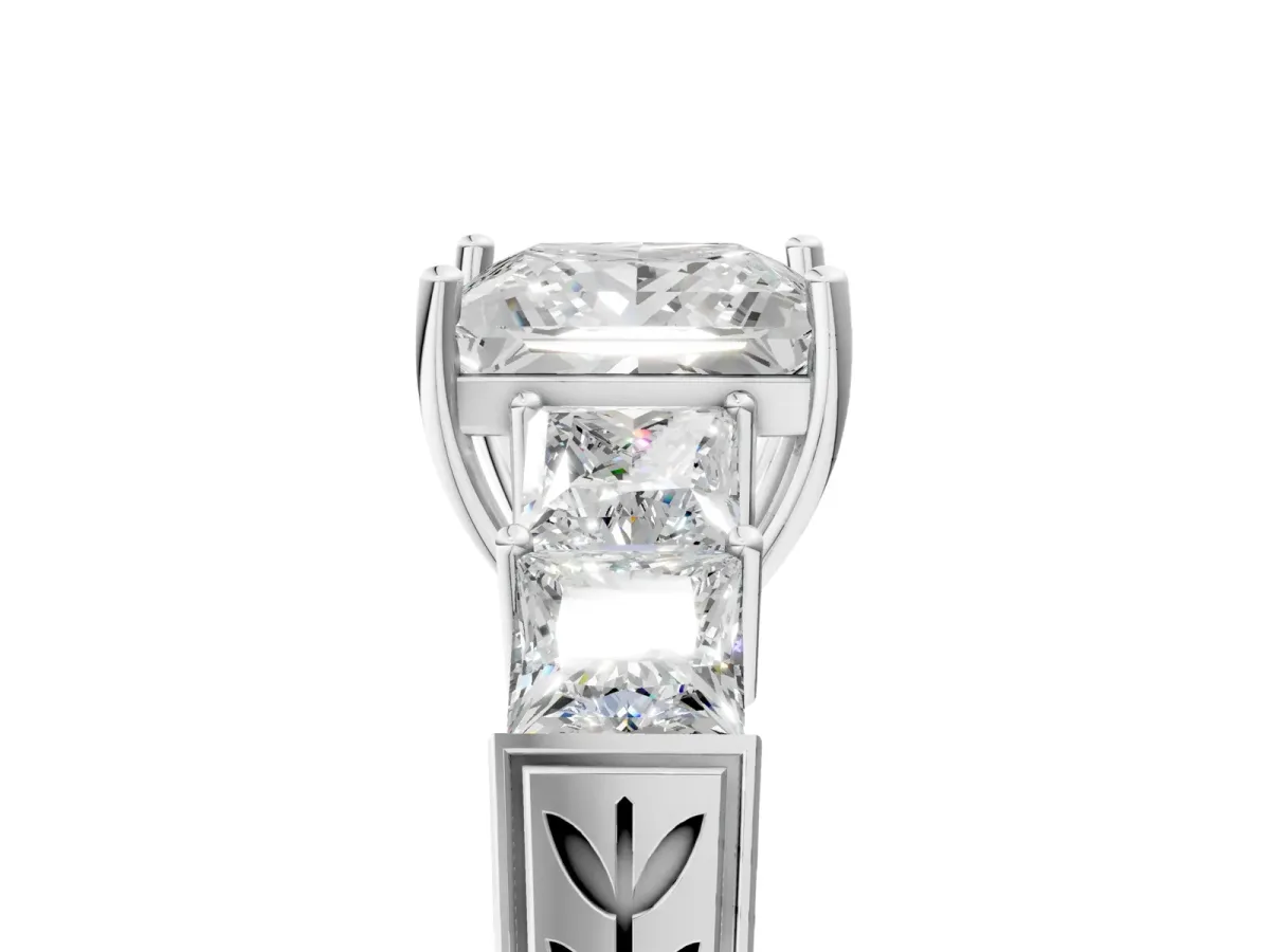 Princess Cut Solitaire Princess Side Stone Engraved Band Prong Setting Ring Silver