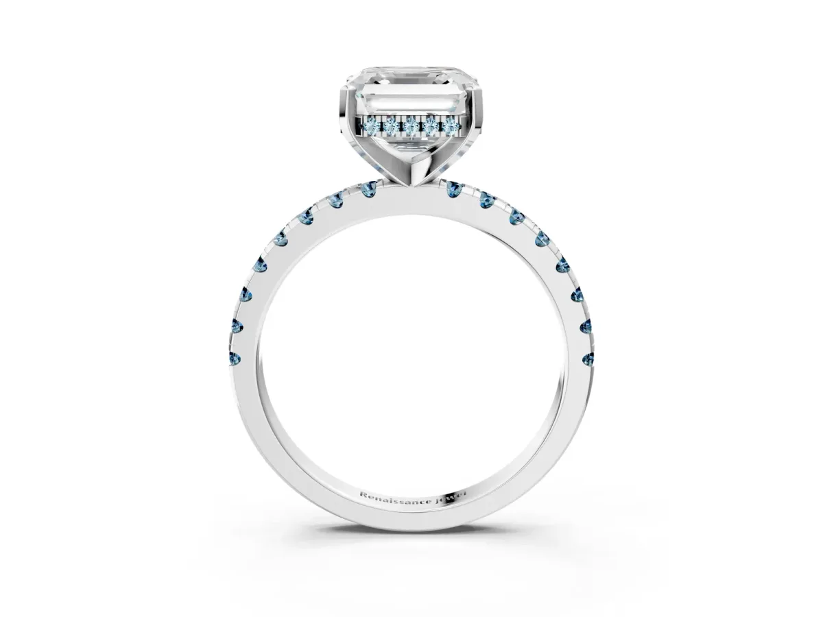 Asscher Cut Diamond Solitaire Ring with Round Aquamarine Pavé Band and Four-Prong Setting White gold
