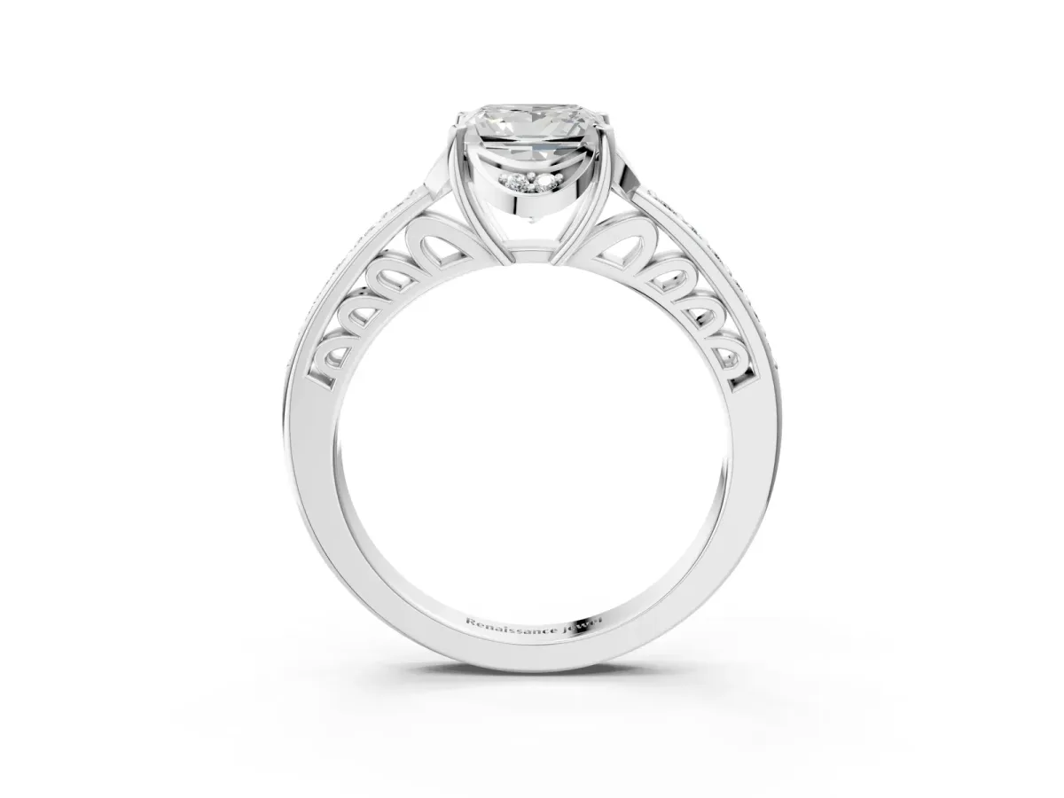 Princess Cut Cut Halo Diamond Ring with Channel Set Band and Four-Prong Setting White gold