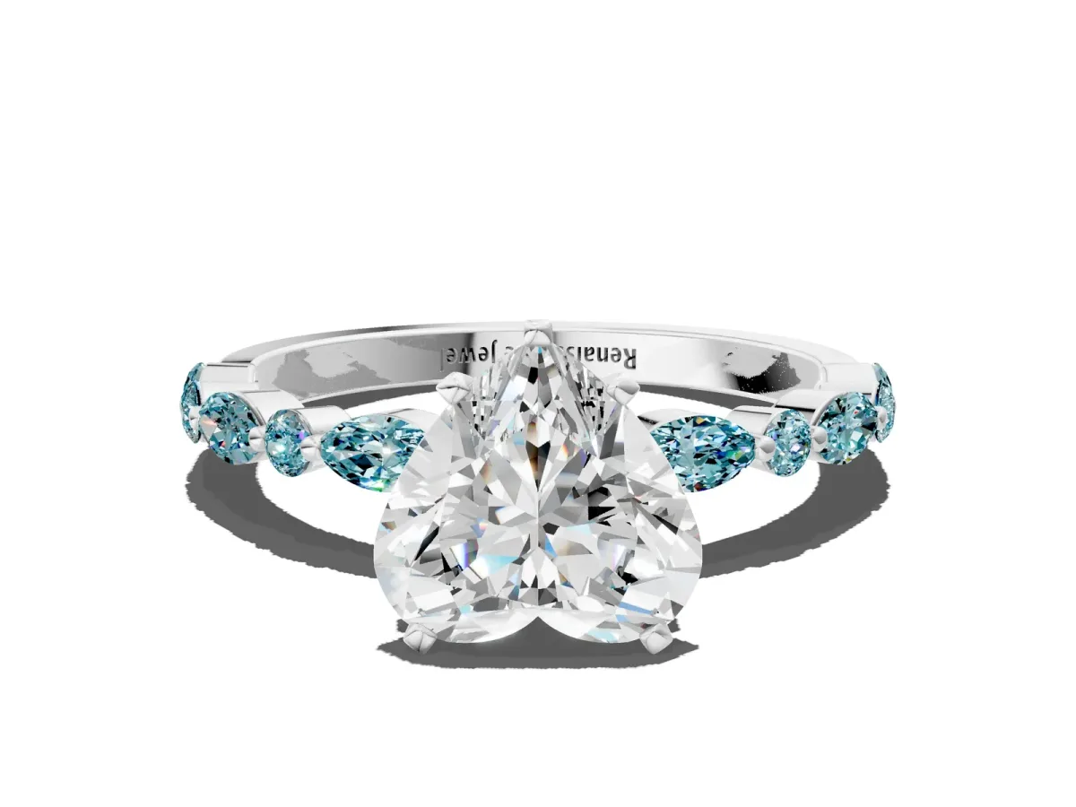 Heart Cut Diamond Ring with Marquise and Round Blue Topaz Side Stones and Four-Prong Setting White gold