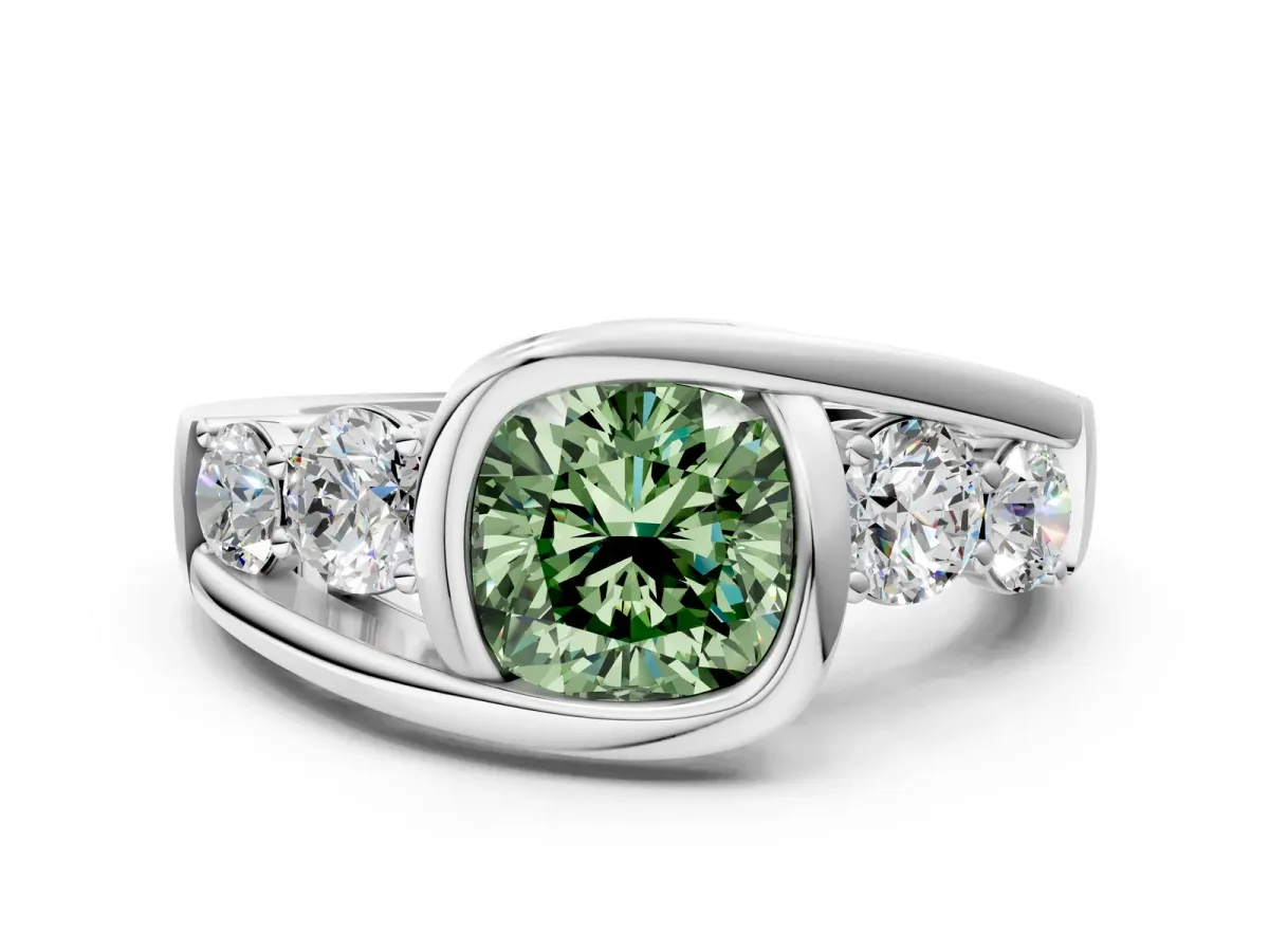 Fancy Green Bezel Set Cushion Cut Diamond Bypass Ring with Round Accents Silver