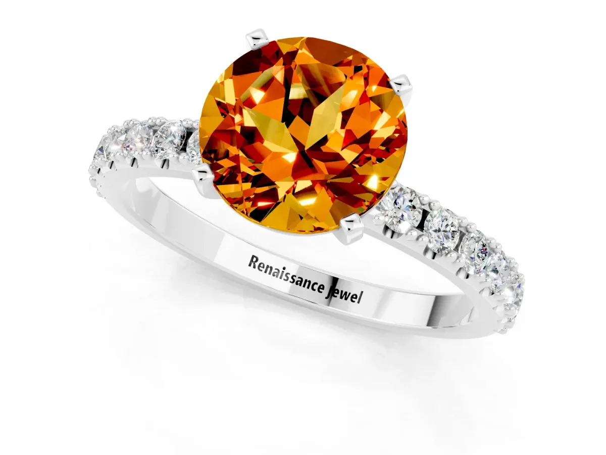 Round Cut Citrine Solitaire Pavé Band with Four-Prong Setting Platinum