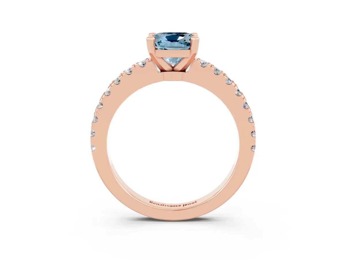 Cushion Cut Solitaire Aquamarine with Pavé Band and Four-Prong Setting Rose gold