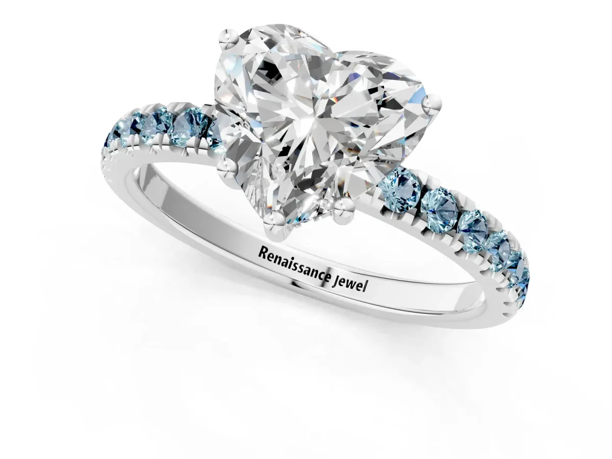 Heart Cut Diamond Pave Band Solitaire Ring with Round Aquamarine and Prong Setting White gold