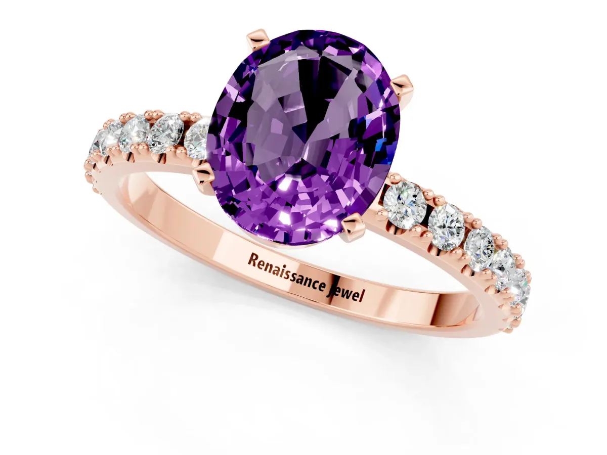 Oval Cut Amethyst Solitaire Pavé Band with Four-Prong Setting Rose gold