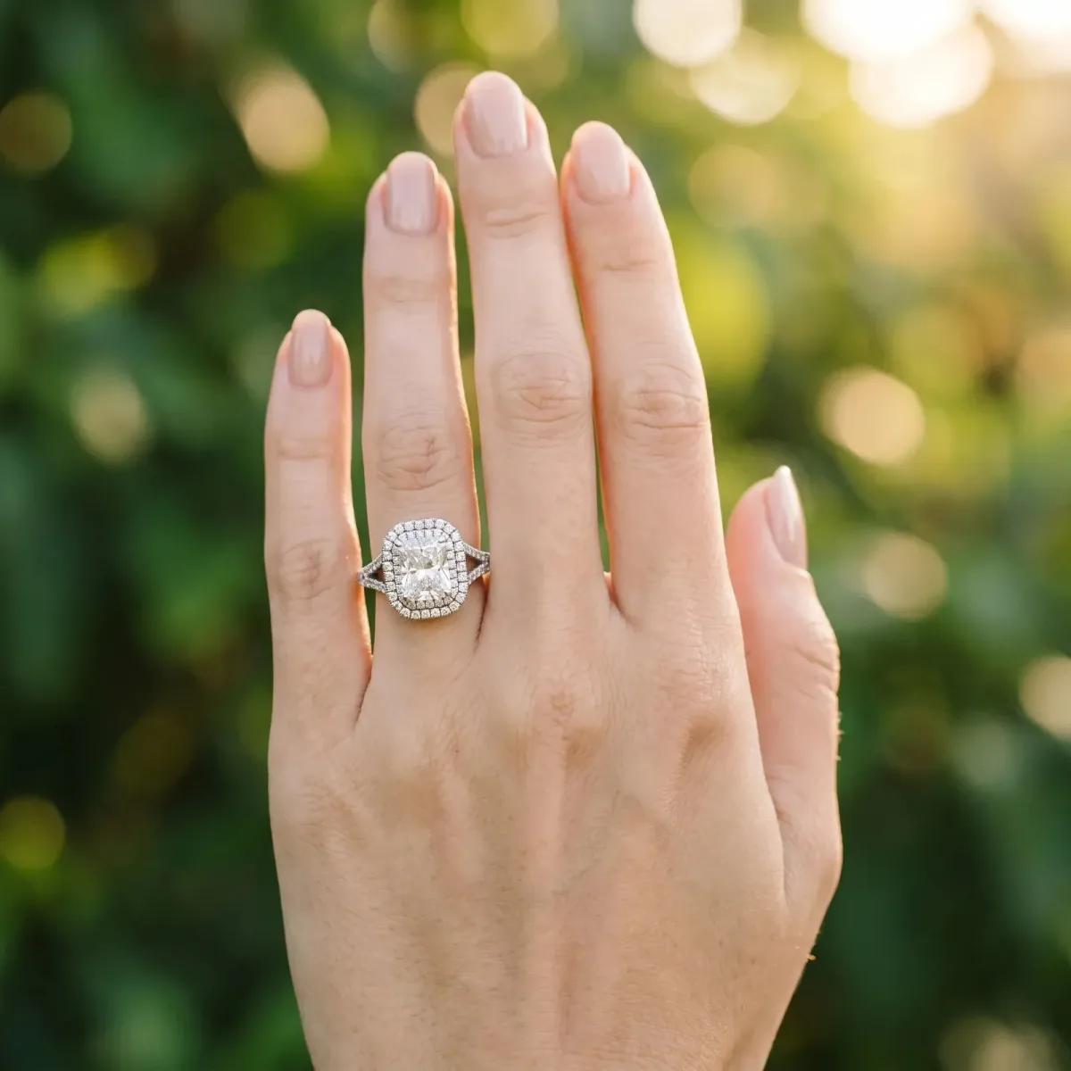 Radiant Cut Diamond Pavé Split Shank Double Halo Engagement Ring Platinum