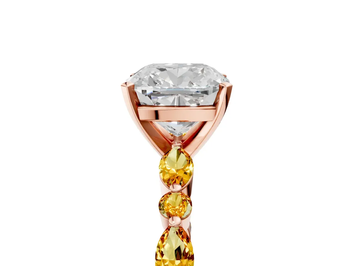 Cushion Cut Diamond Ring with Marquise and Round Citrine Side Stones and Four-Prong Setting Rose gold