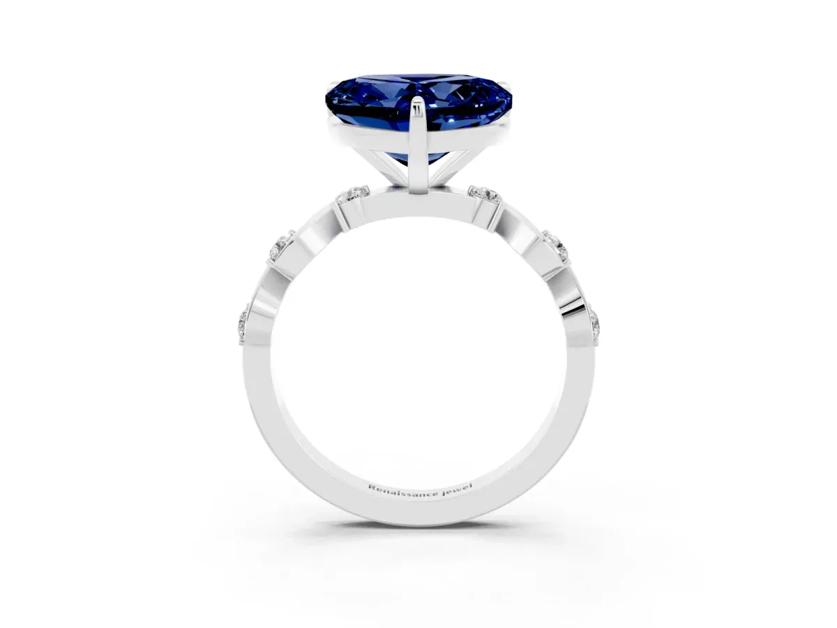 Heart Cut Blue Sapphire Solitaire Twisted Band with Round Accents and Prong Setting White gold
