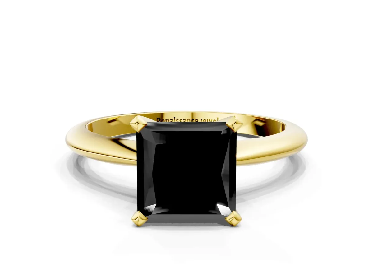 Fancy Black Princess Cut Diamond Solitaire Engagement Ring with Classic Band and Four-Prong Setting Yellow gold