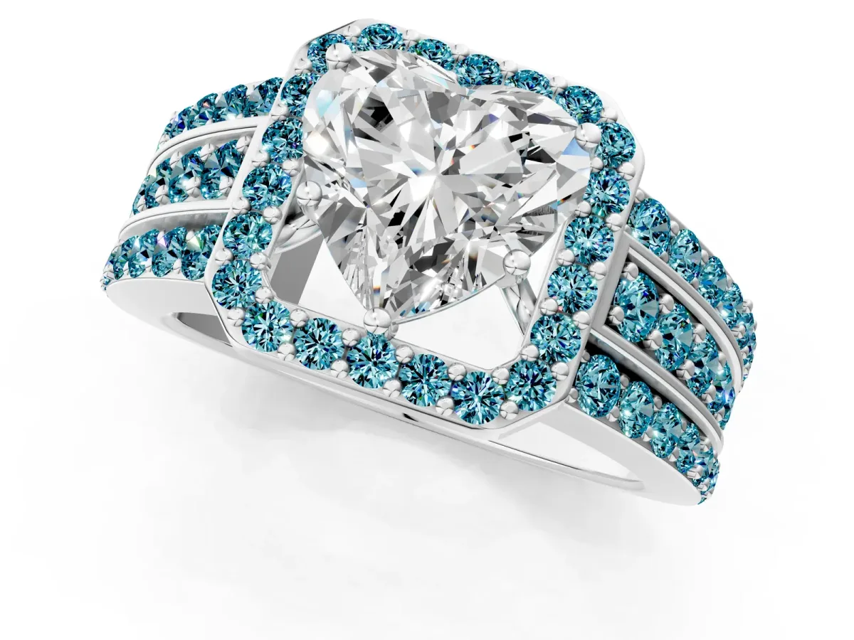 Heart Cut Halo Diamond Ring with Round Blue Topaz Split Shank and Prong Setting Silver