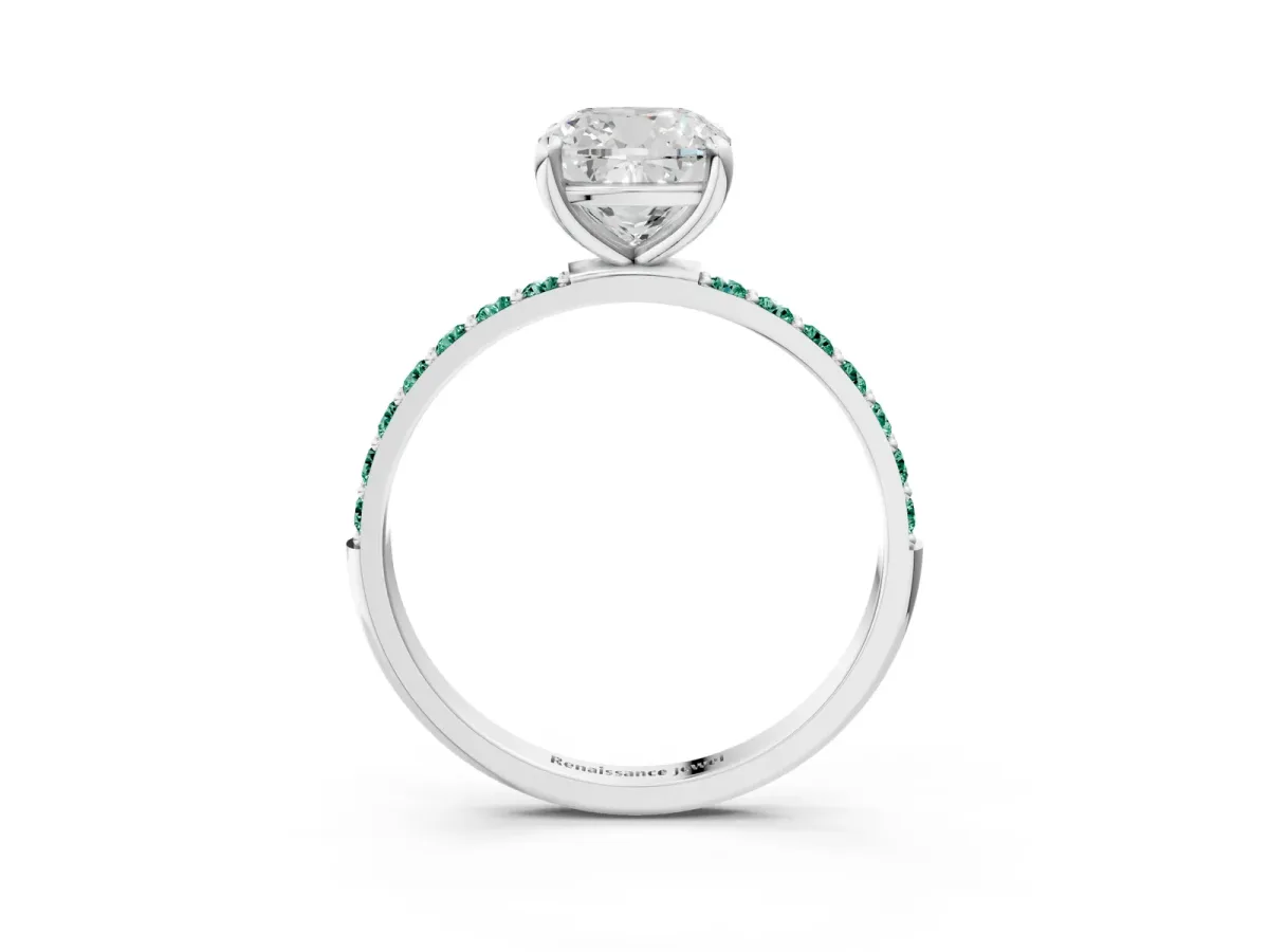 Cushion Cut Diamond Solitaire Ring with Round Green Sapphire Pavé Band and Prong Setting White gold