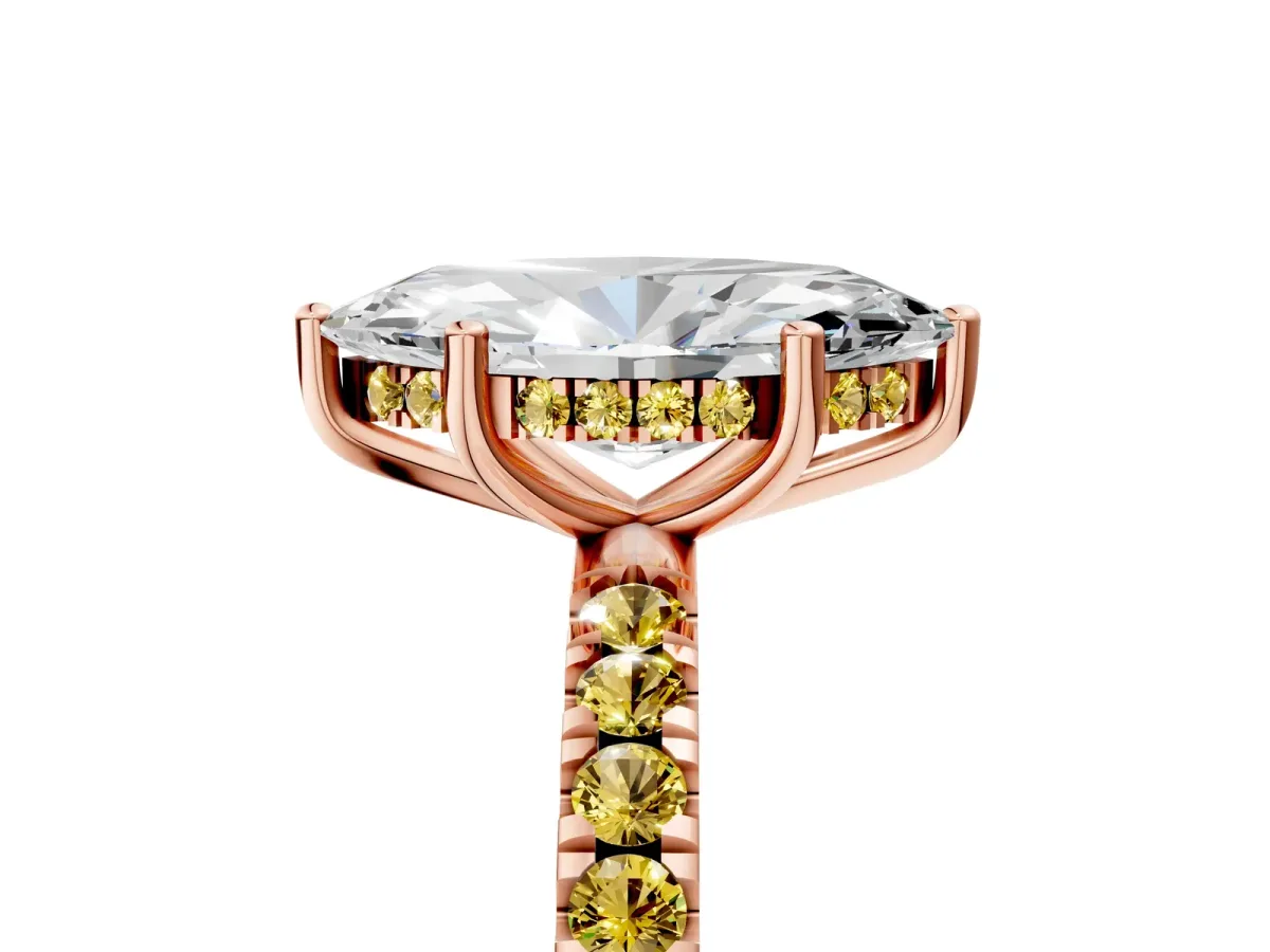 Marquise Cut Diamond Pave Band Solitaire Ring with Round Yellow Sapphire and Prong Setting Rose gold