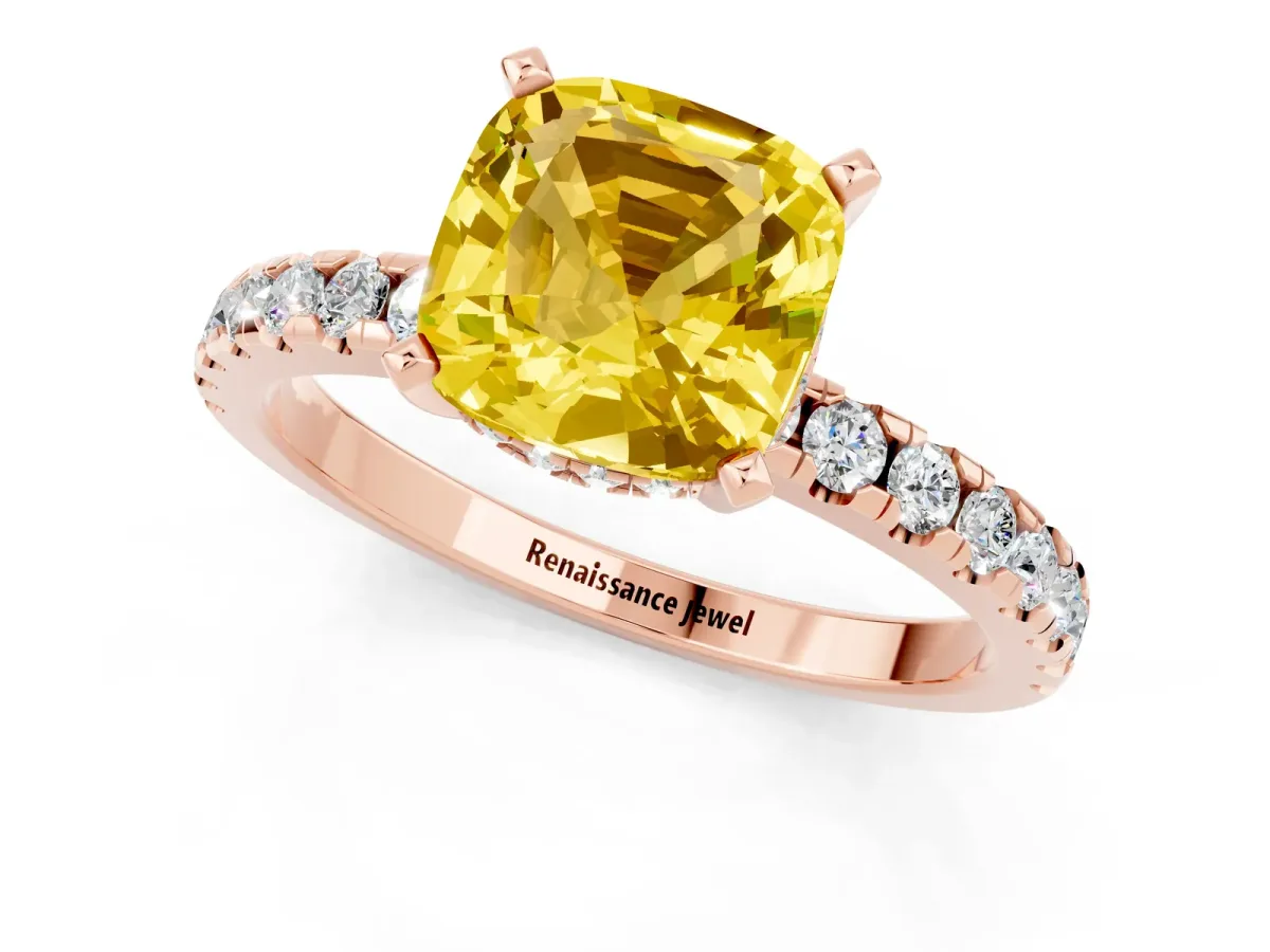 Cushion Cut Yellow Sapphire Solitaire Ring with Round Pavé Band and Four-Prong Setting Rose gold