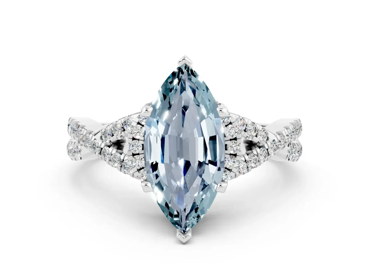 Marquise Cut Aquamarine Halo Twist Band Solitaire Prong Setting Ring White gold