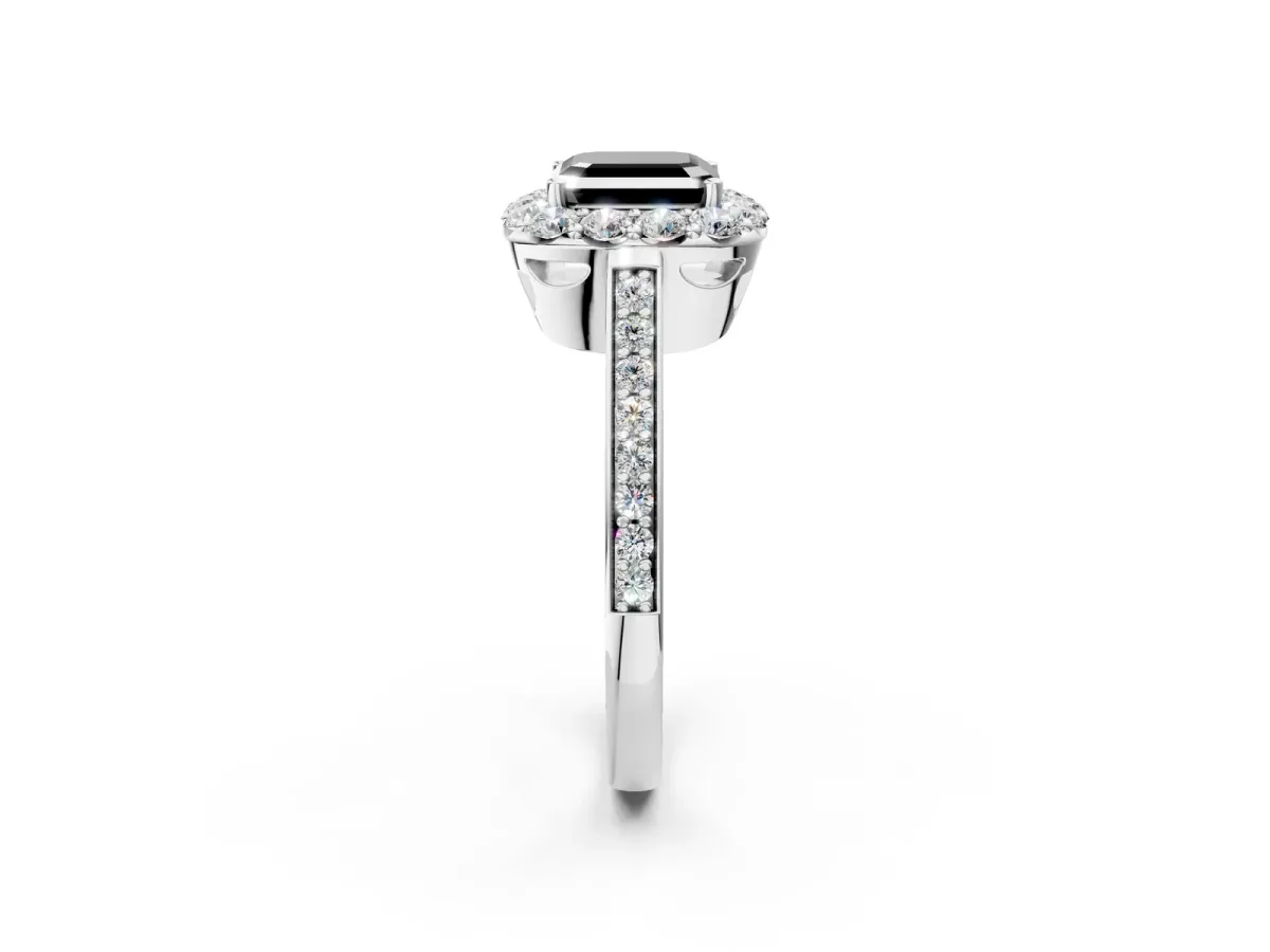 Fancy Black Asscher Cut Diamond Floral Halo Ring with Pavé Band and Prong Setting Platinum