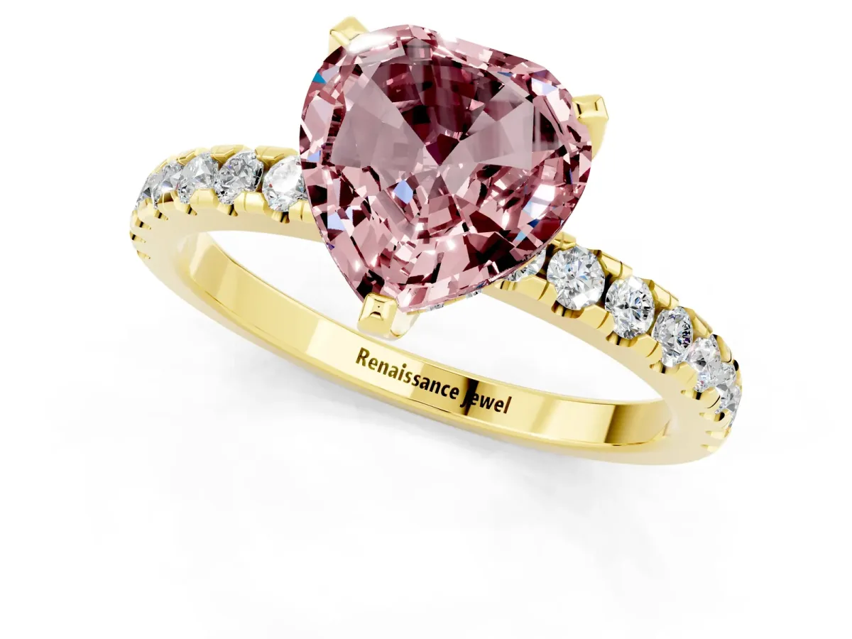 Heart Cut Morganite Solitaire Ring with Round Pavé Band and Four-Prong Setting Yellow gold