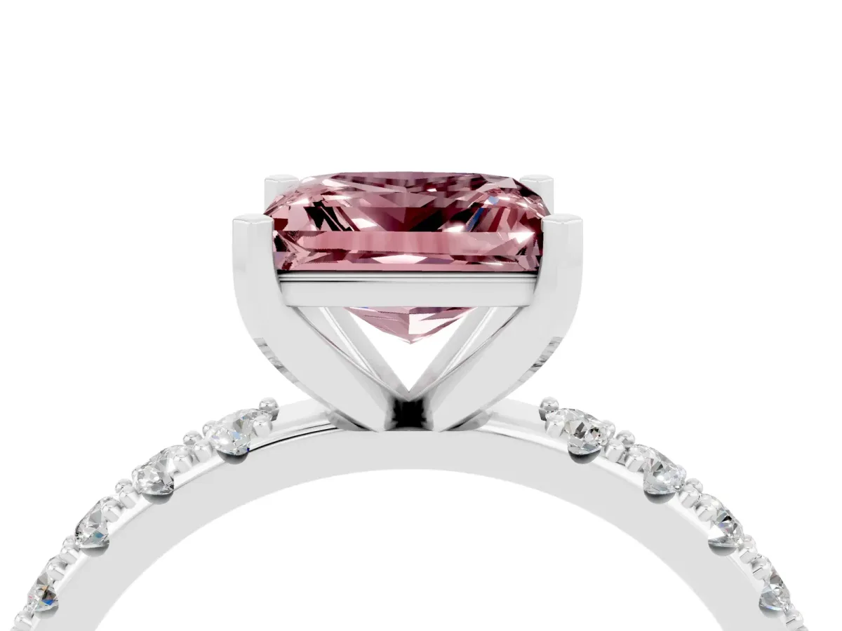 Princess Cut Morganite Solitaire Pavé Band with Four-Prong Setting Silver